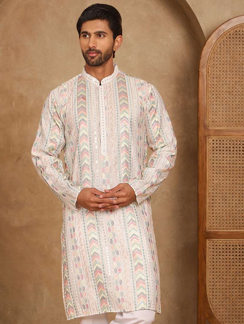 men solid with work mandarin neck long kurta