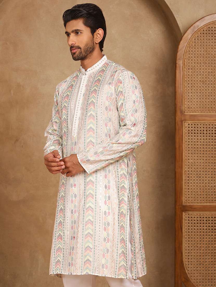 men solid with work mandarin neck long kurta - 22489364 -  Standard Image - 3