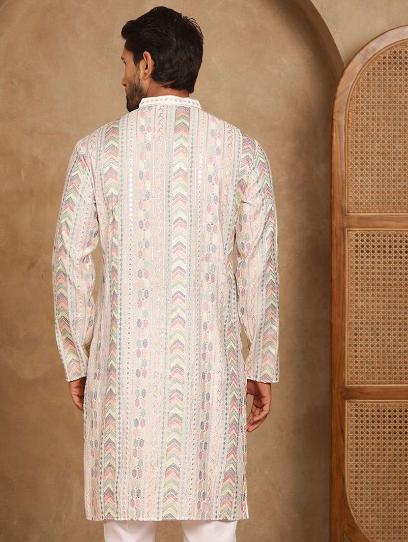 men solid with work mandarin neck long kurta - 22489364 -  Standard Image - 5