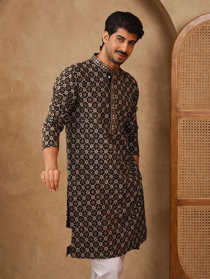 men solid with work mandarin neck long kurta