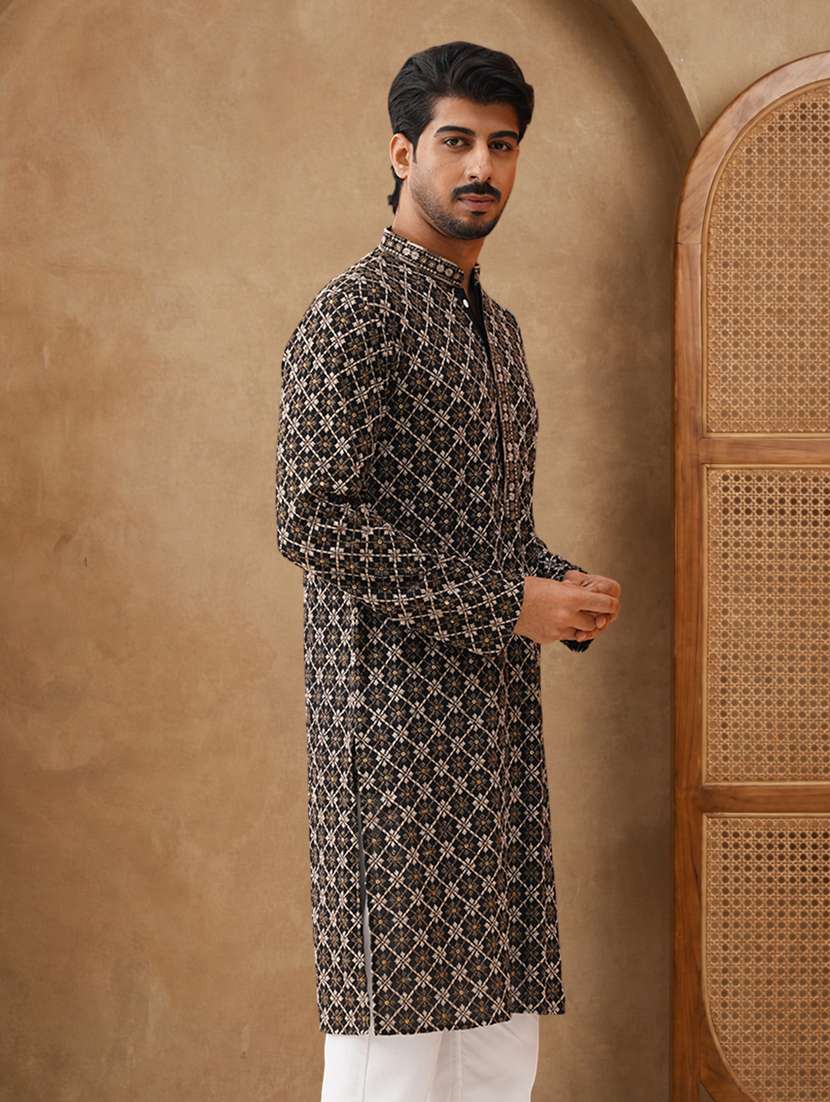 men solid with work mandarin neck long kurta - 22489373 -  Standard Image - 3