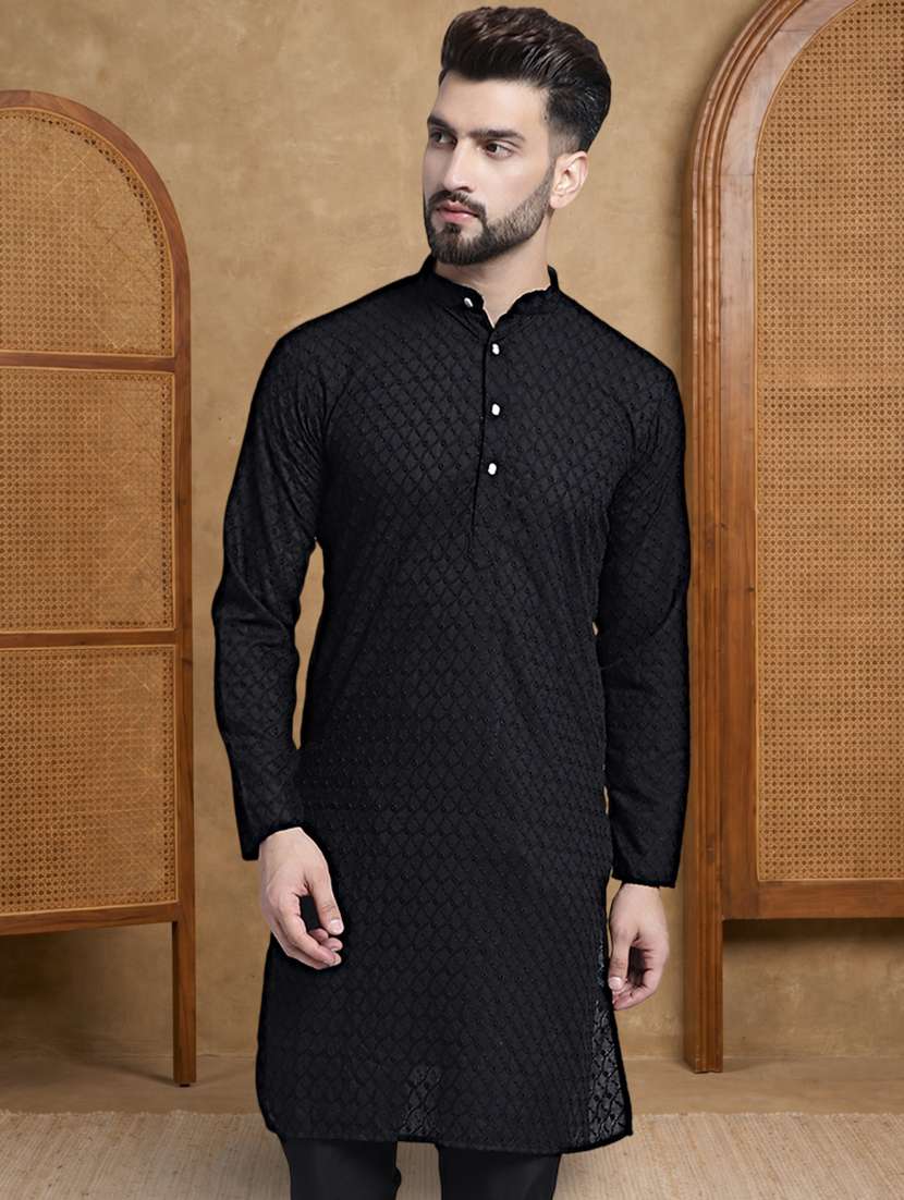 men solid with work mandarin neck long kurta