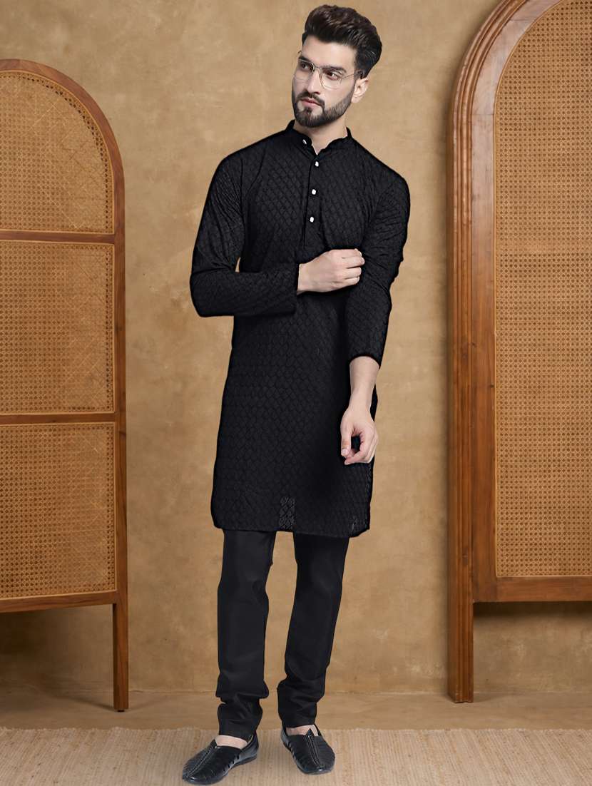 Men Solid With Work Mandarin Neck Long Kurta - 22489375 -  Standard Image - 3