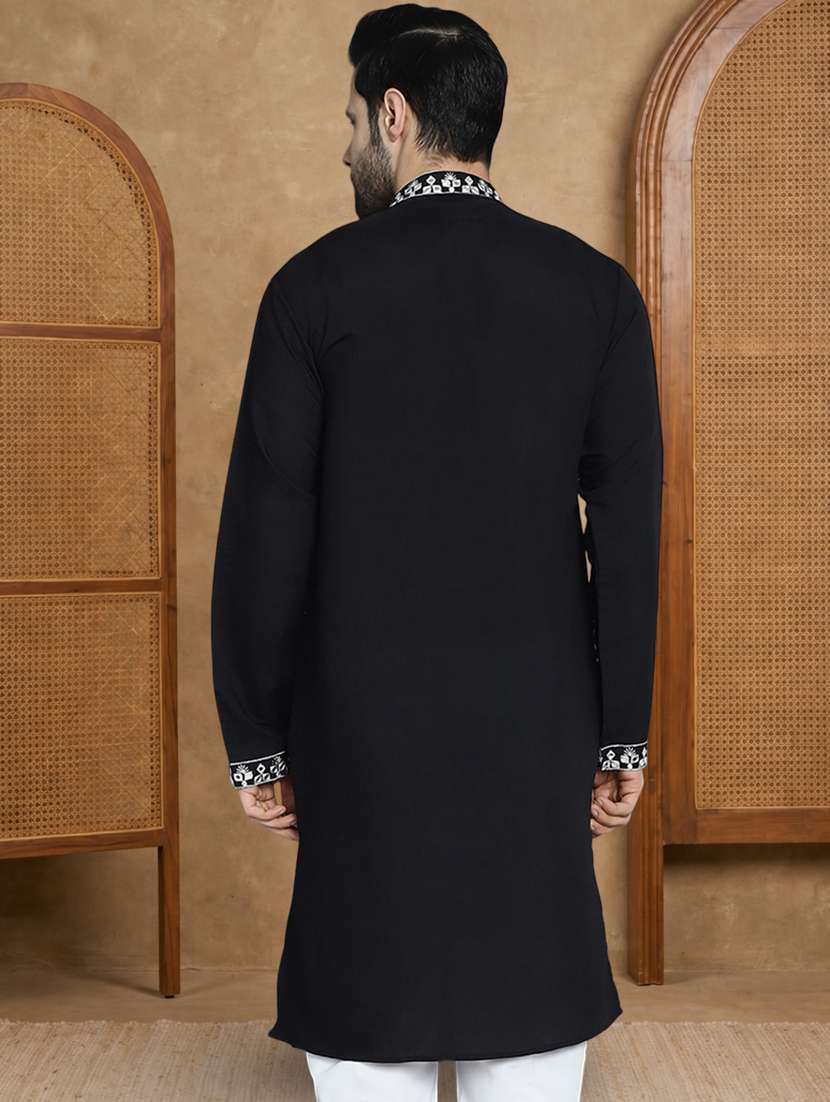 men solid with work mandarin neck long kurta - 22489377 -  Standard Image - 3
