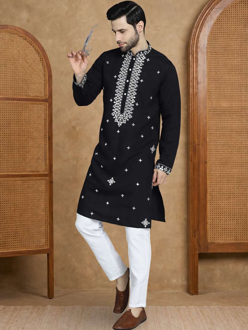 men solid with work mandarin neck long kurta - 22489377 -  Standard Image - 5