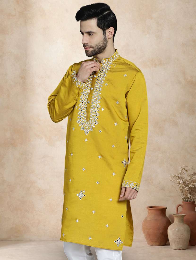men solid with work mandarin neck long kurta