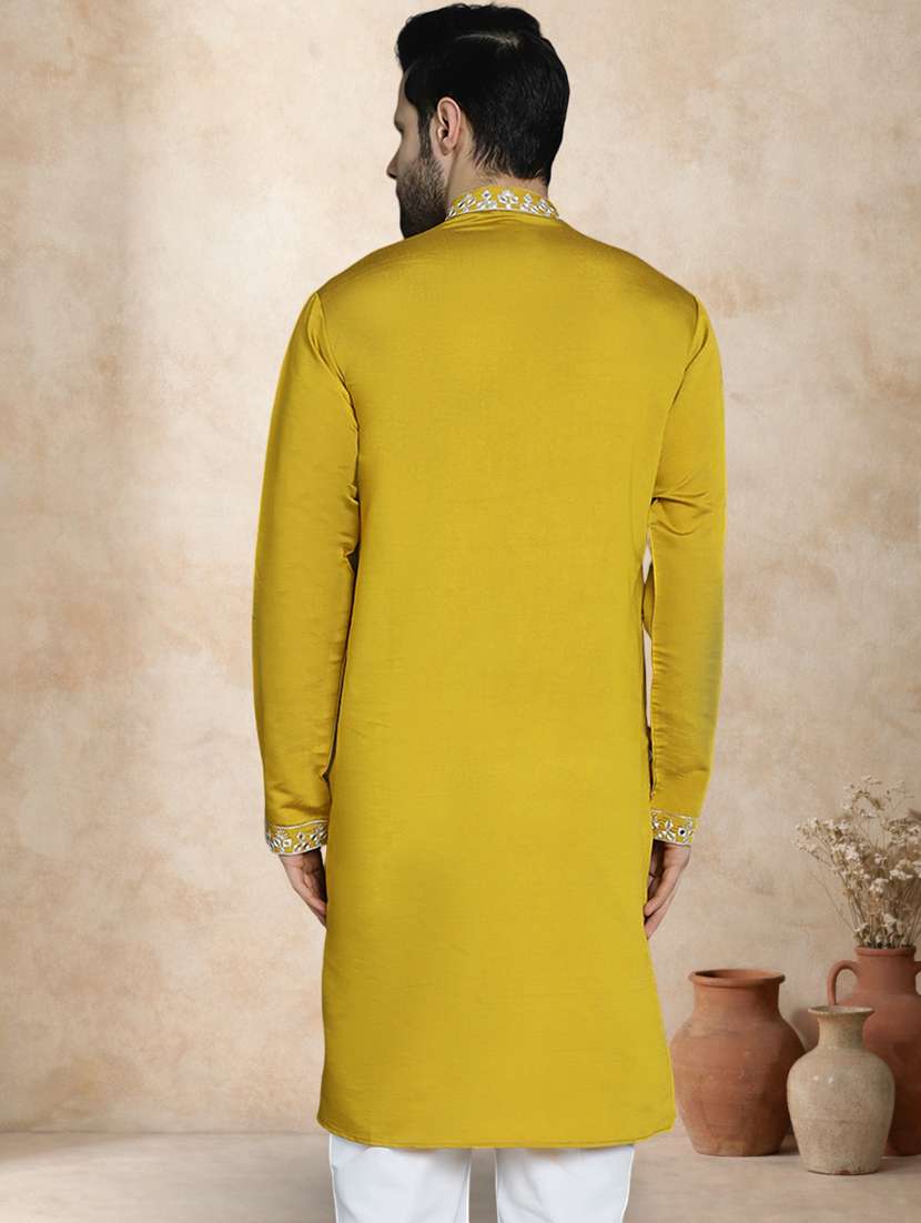 men solid with work mandarin neck long kurta - 22489378 -  Standard Image - 3