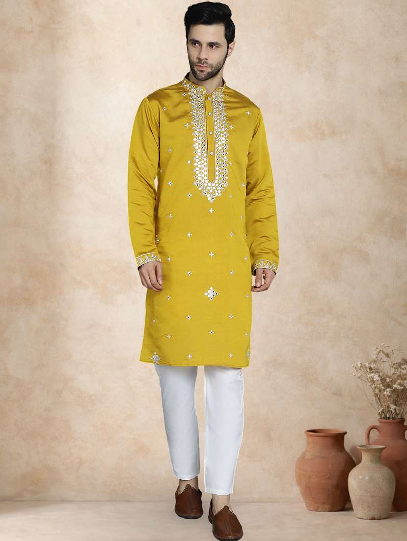 men solid with work mandarin neck long kurta - 22489378 -  Standard Image - 5