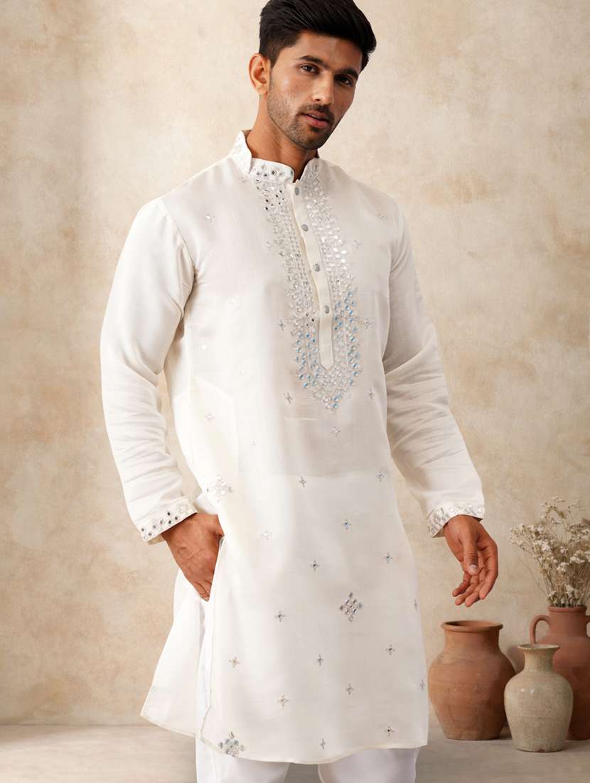 men solid with work mandarin neck long kurta