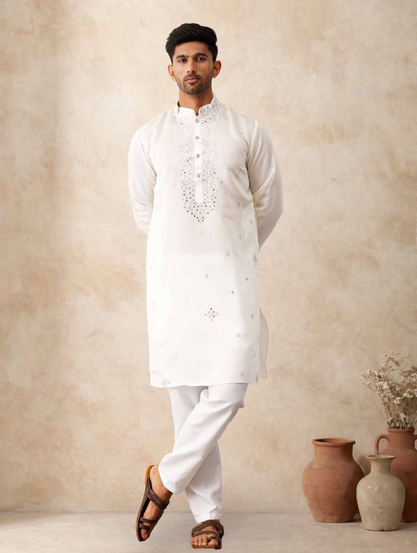 men solid with work mandarin neck long kurta - 22489379 -  Standard Image - 3