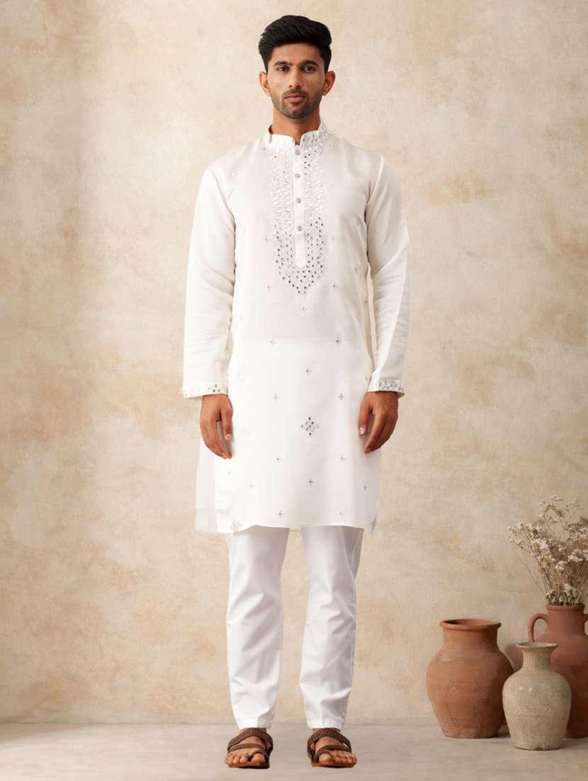 men solid with work mandarin neck long kurta - 22489379 -  Standard Image - 5