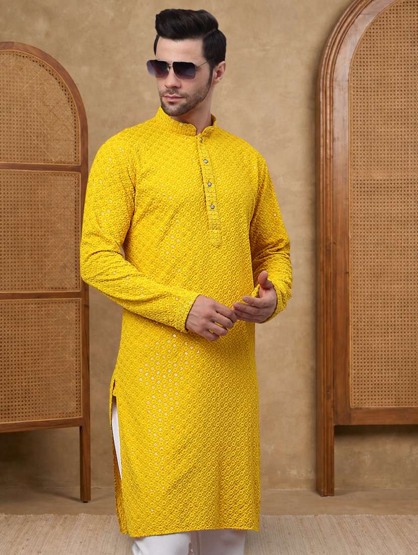 men solid with work mandarin neck long kurta