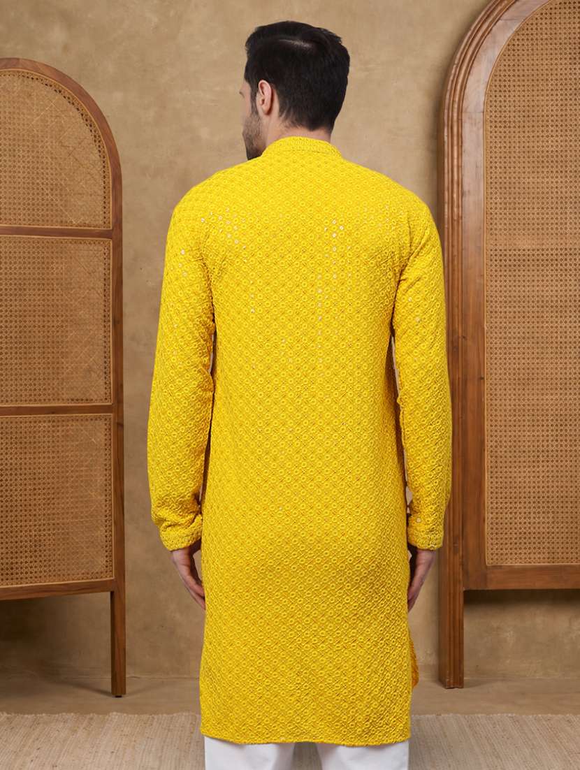 men solid with work mandarin neck long kurta - 22489380 -  Standard Image - 3