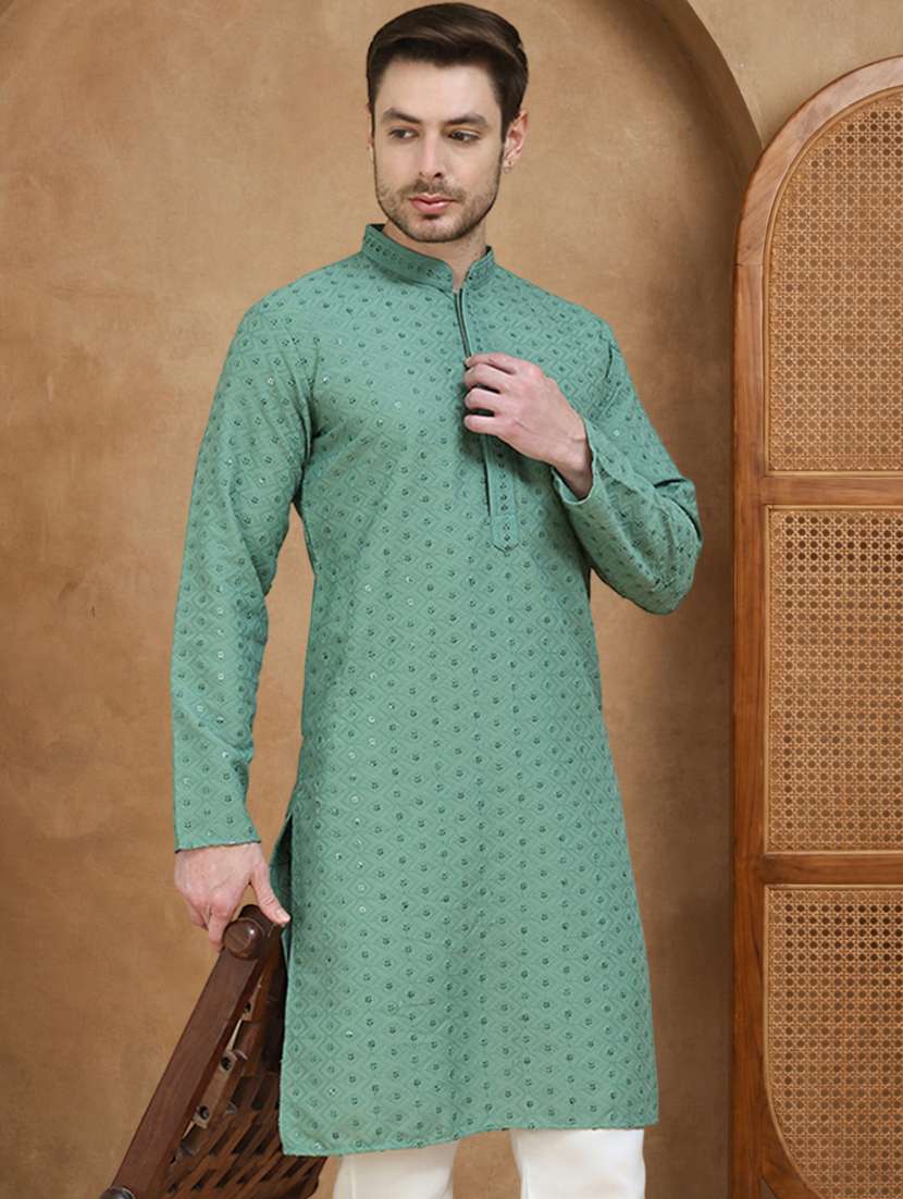 men solid with work mandarin neck long kurta - 22489388 -  Standard Image - 3