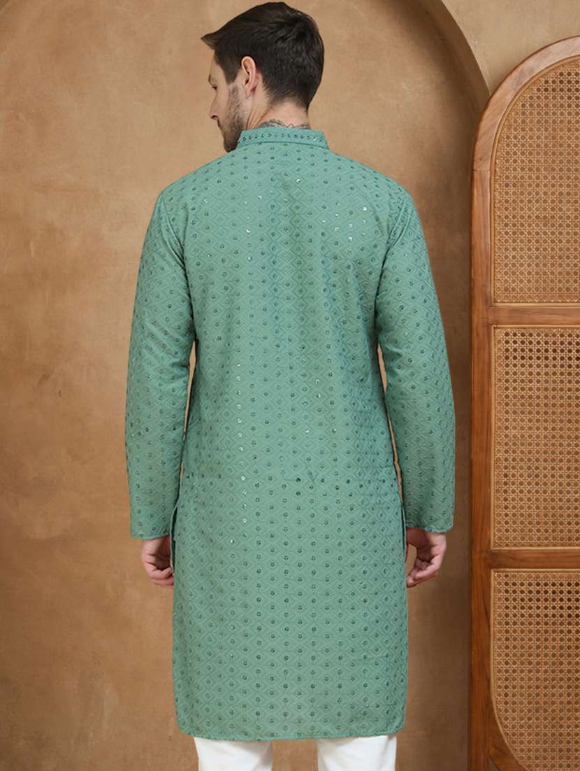 men solid with work mandarin neck long kurta - 22489388 -  Standard Image - 5