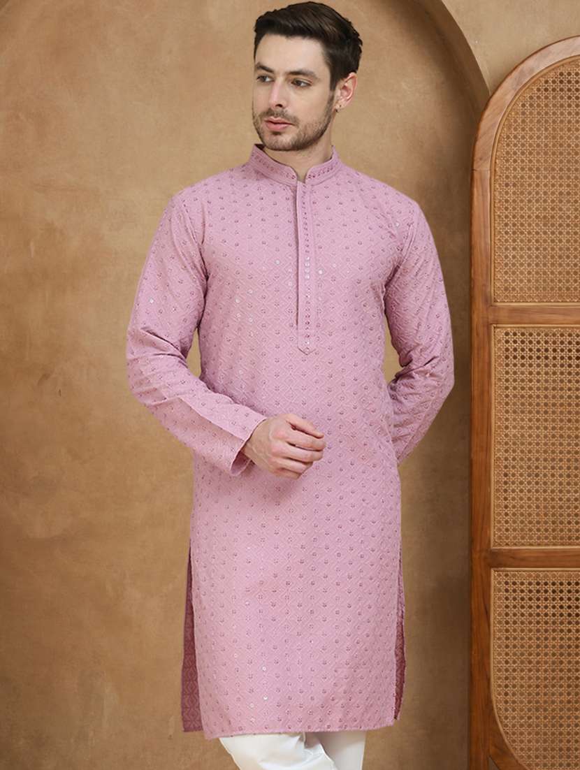 men solid with work mandarin neck long kurta