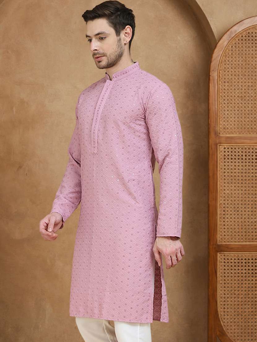 men solid with work mandarin neck long kurta - 22489391 -  Standard Image - 3
