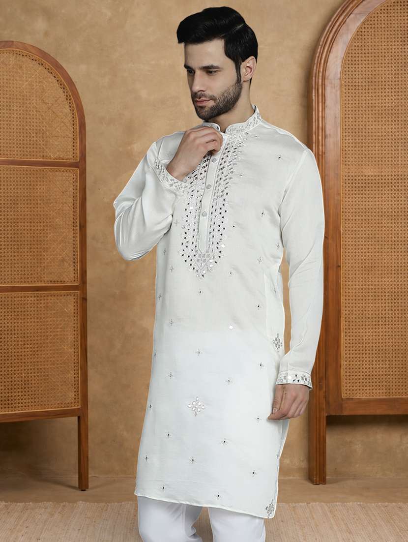 men solid with work mandarin neck long kurta