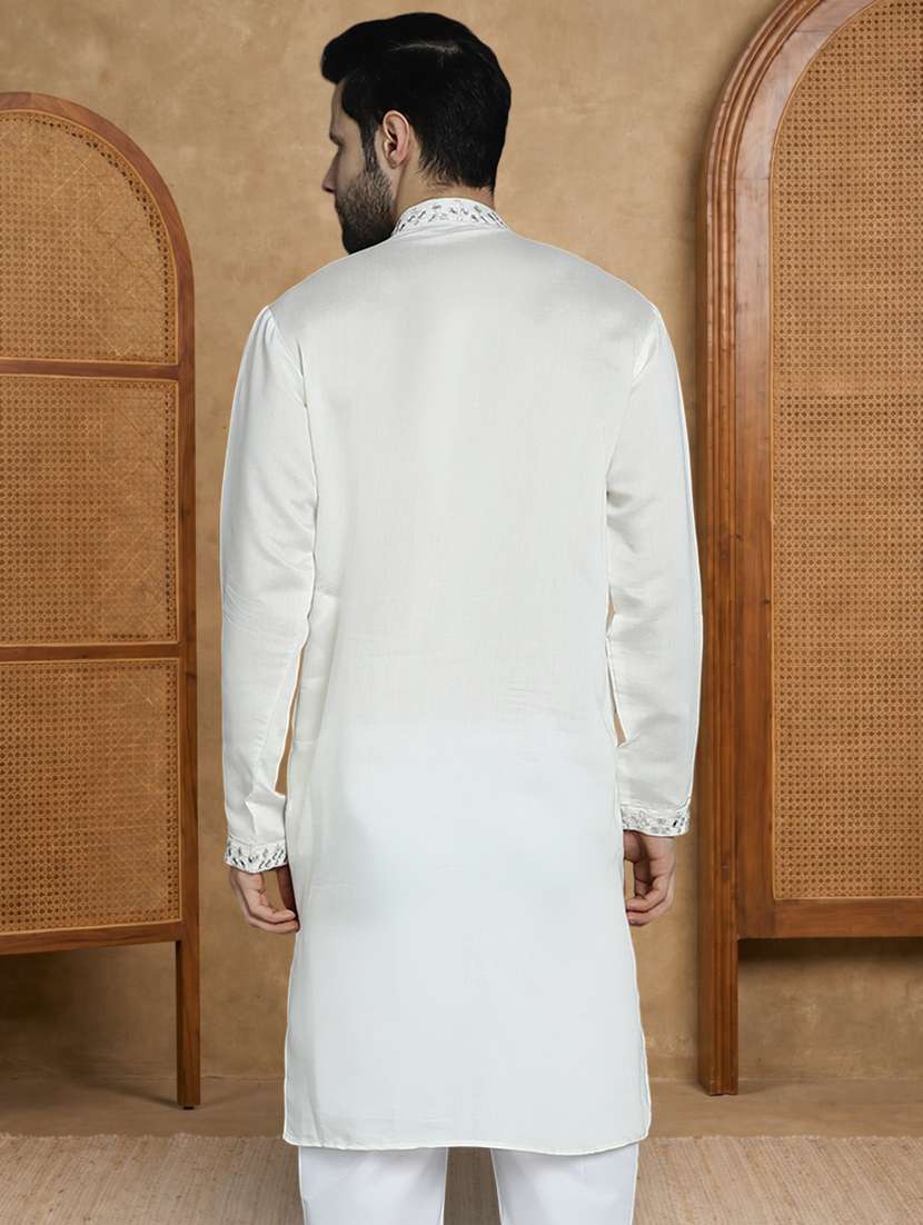 men solid with work mandarin neck long kurta - 22489393 -  Standard Image - 5