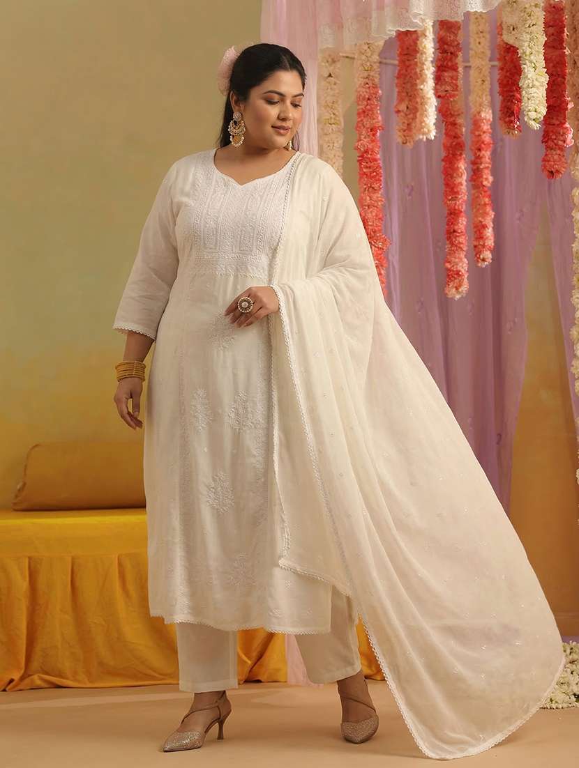 women solid with work three quarter sleeve kurta pant with dupatta set - 22489422 -  Standard Image - 3
