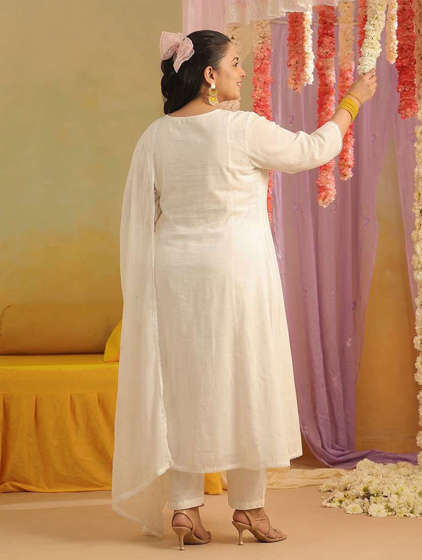 women solid with work three quarter sleeve kurta pant with dupatta set - 22489422 -  Standard Image - 5