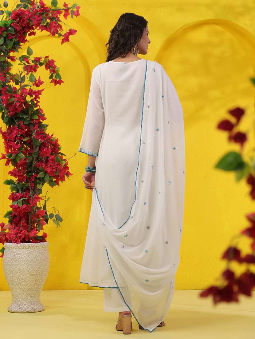 women solid with work three quarter sleeve kurta pant with dupatta set - 22489424 -  Standard Image - 5