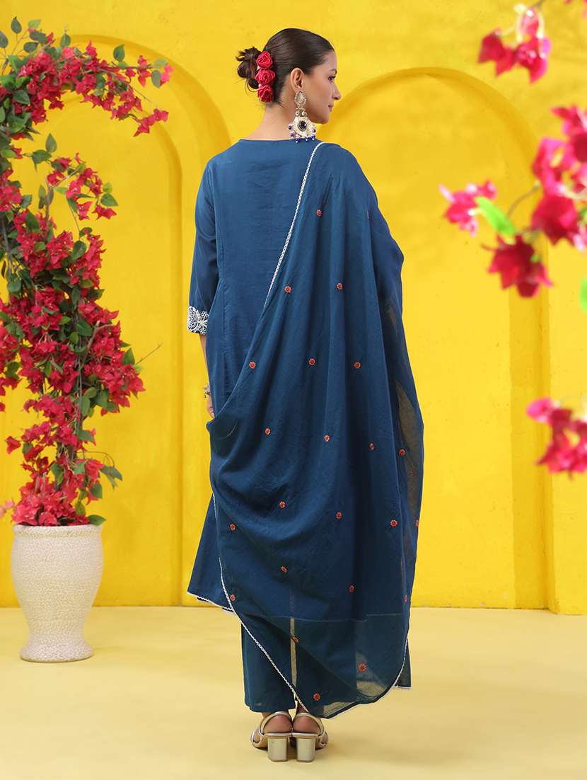 women solid with work three quarter sleeve kurta pant with dupatta set - 22489427 -  Standard Image - 5