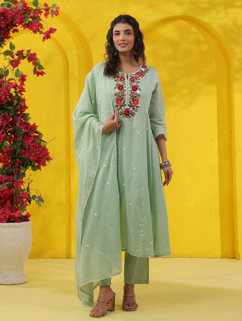 Women Solid With Work Three Quarter Sleeve Kurta Pant With Dupatta Set - 22489433 -  Standard Image - 3