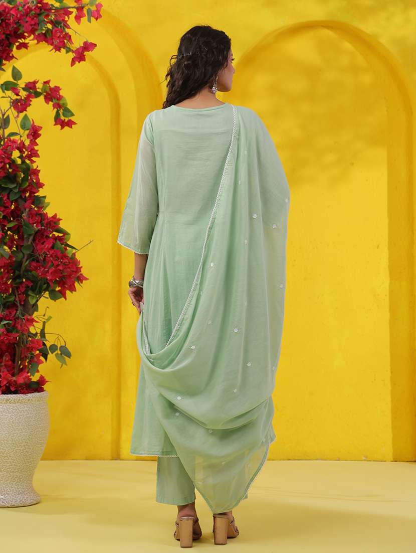Women Solid With Work Three Quarter Sleeve Kurta Pant With Dupatta Set - 22489433 -  Standard Image - 5