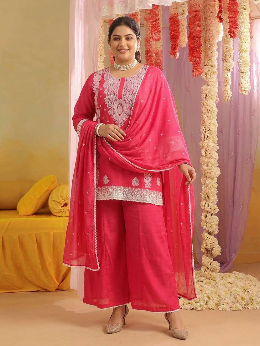 women solid with work three quarter sleeve kurta palazzo with dupatta set