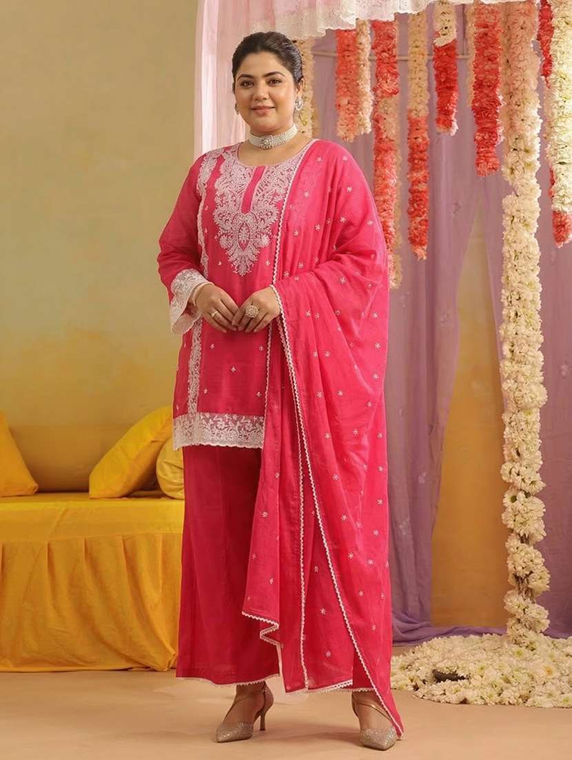 Women Solid With Work Three Quarter Sleeve Kurta Palazzo With Dupatta Set - 22489444 -  Standard Image - 3