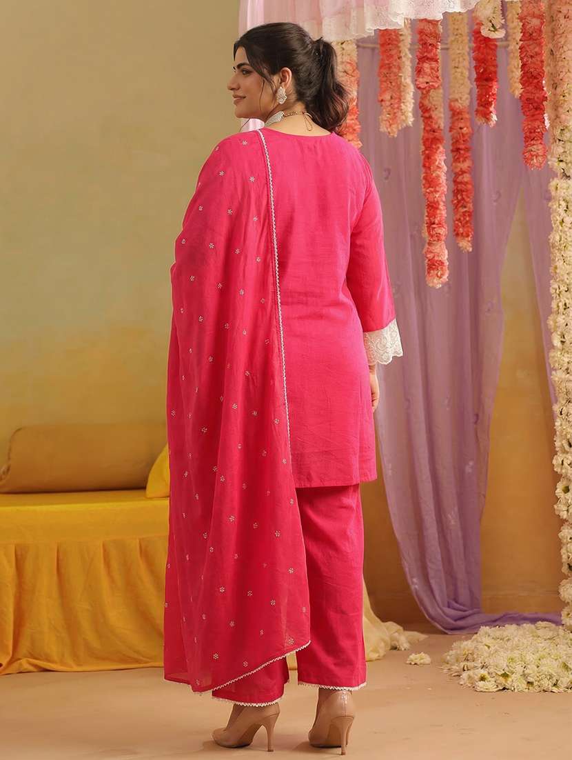 Women Solid With Work Three Quarter Sleeve Kurta Palazzo With Dupatta Set - 22489444 -  Standard Image - 5