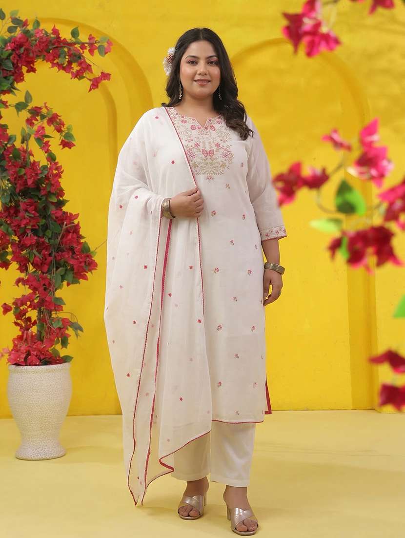 women solid with work three quarter sleeve kurta pant with dupatta set - 22489448 -  Standard Image - 3