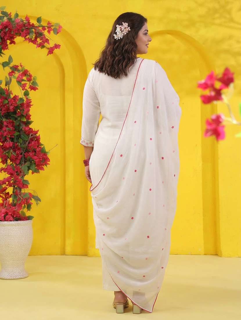 women solid with work three quarter sleeve kurta pant with dupatta set - 22489448 -  Standard Image - 5