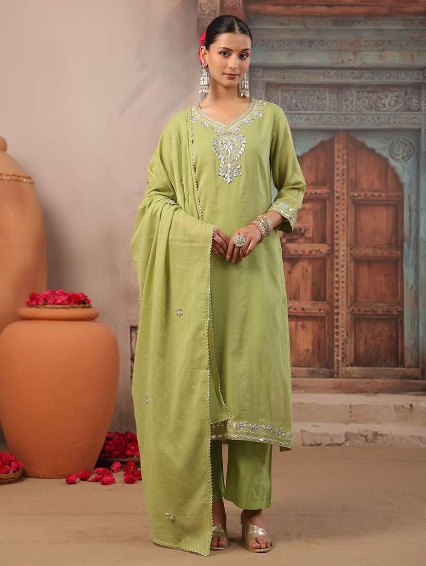 Women Solid With Work Three Quarter Sleeve Kurta Pant With Dupatta Set - 22489451 -  Standard Image - 3