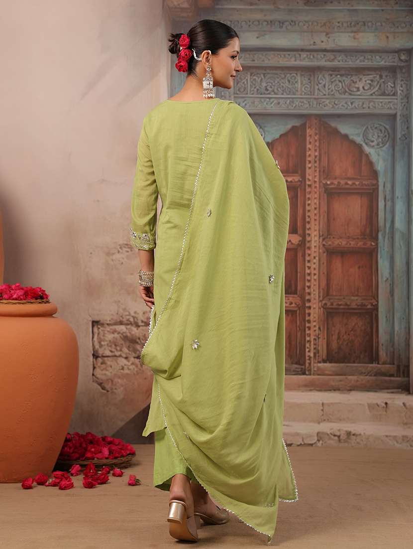 Women Solid With Work Three Quarter Sleeve Kurta Pant With Dupatta Set - 22489451 -  Standard Image - 5