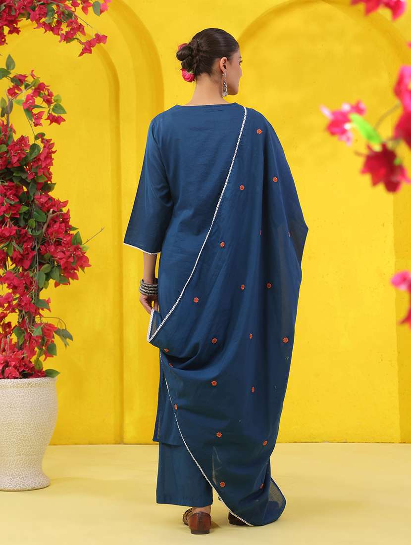 women solid with work three quarter sleeve kurta pant with dupatta set - 22489458 -  Standard Image - 5