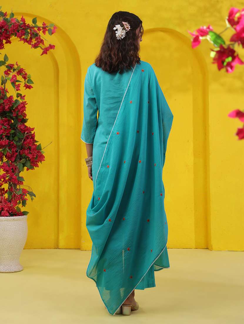women solid with work three quarter sleeve kurta pant with dupatta set - 22489459 -  Standard Image - 5