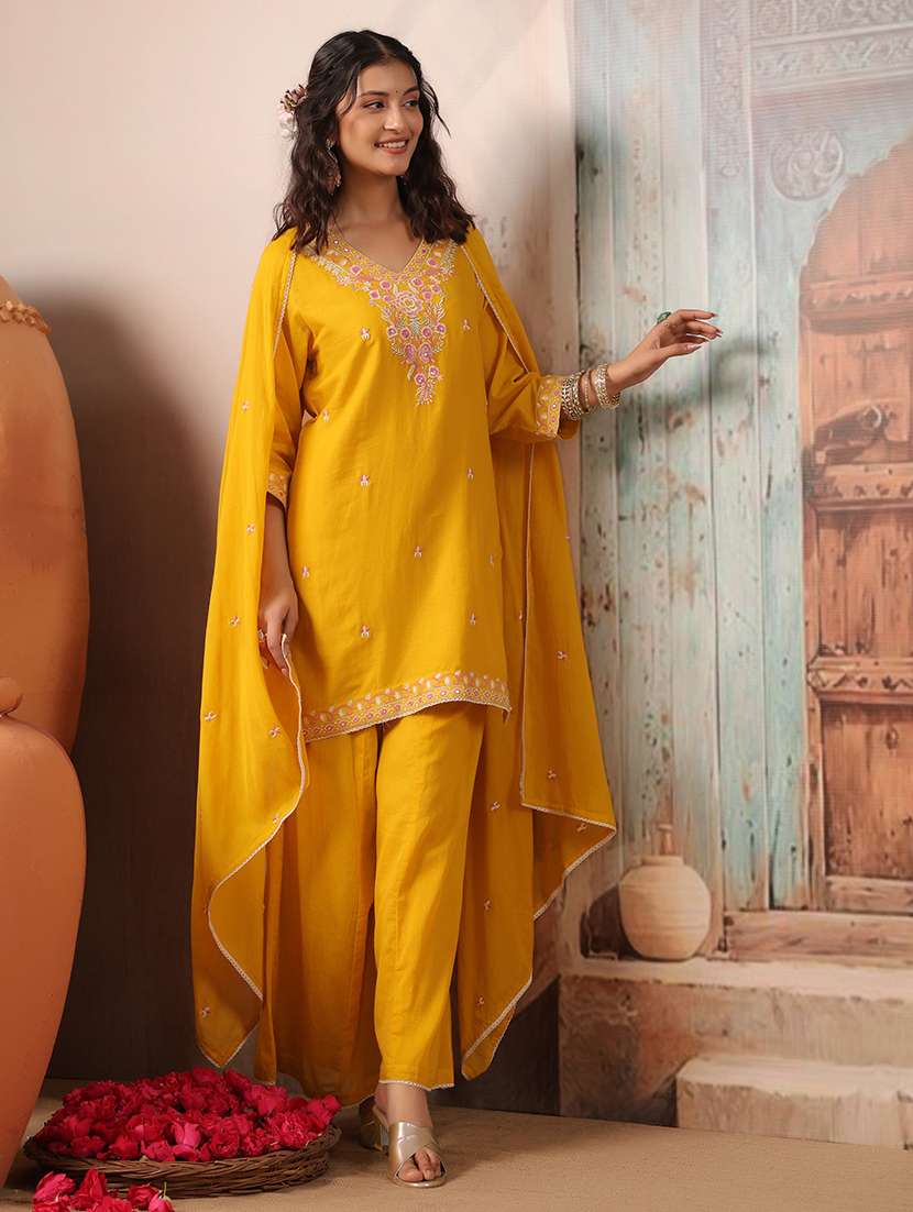 women solid with work three quarter sleeve kurta palazzo with dupatta set