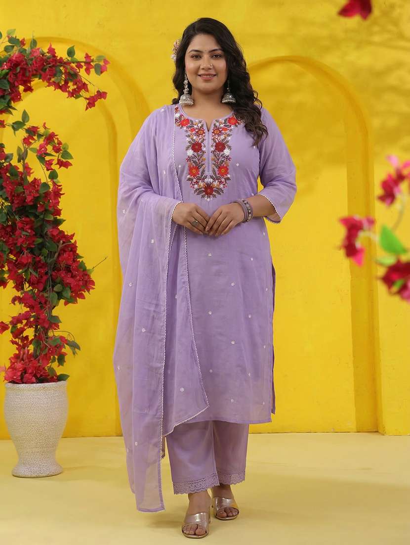 women solid with work three quarter sleeve kurta pant with dupatta set - 22489464 -  Standard Image - 3
