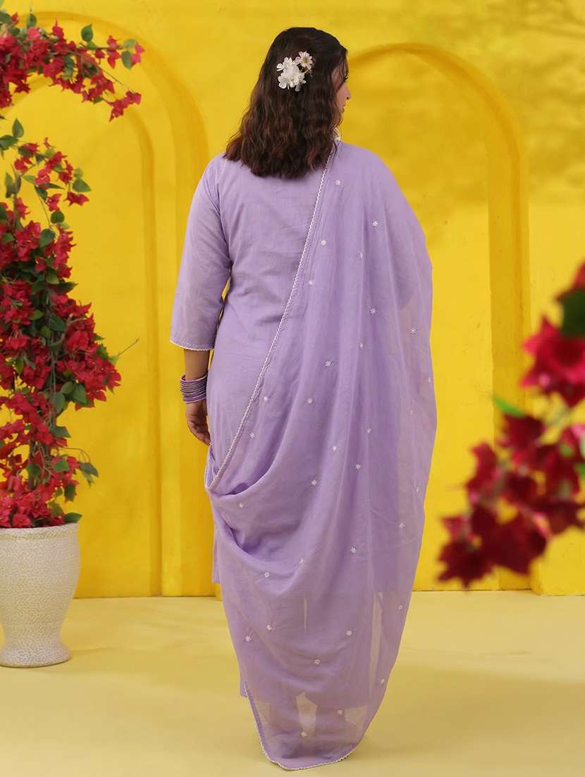women solid with work three quarter sleeve kurta pant with dupatta set - 22489464 -  Standard Image - 5