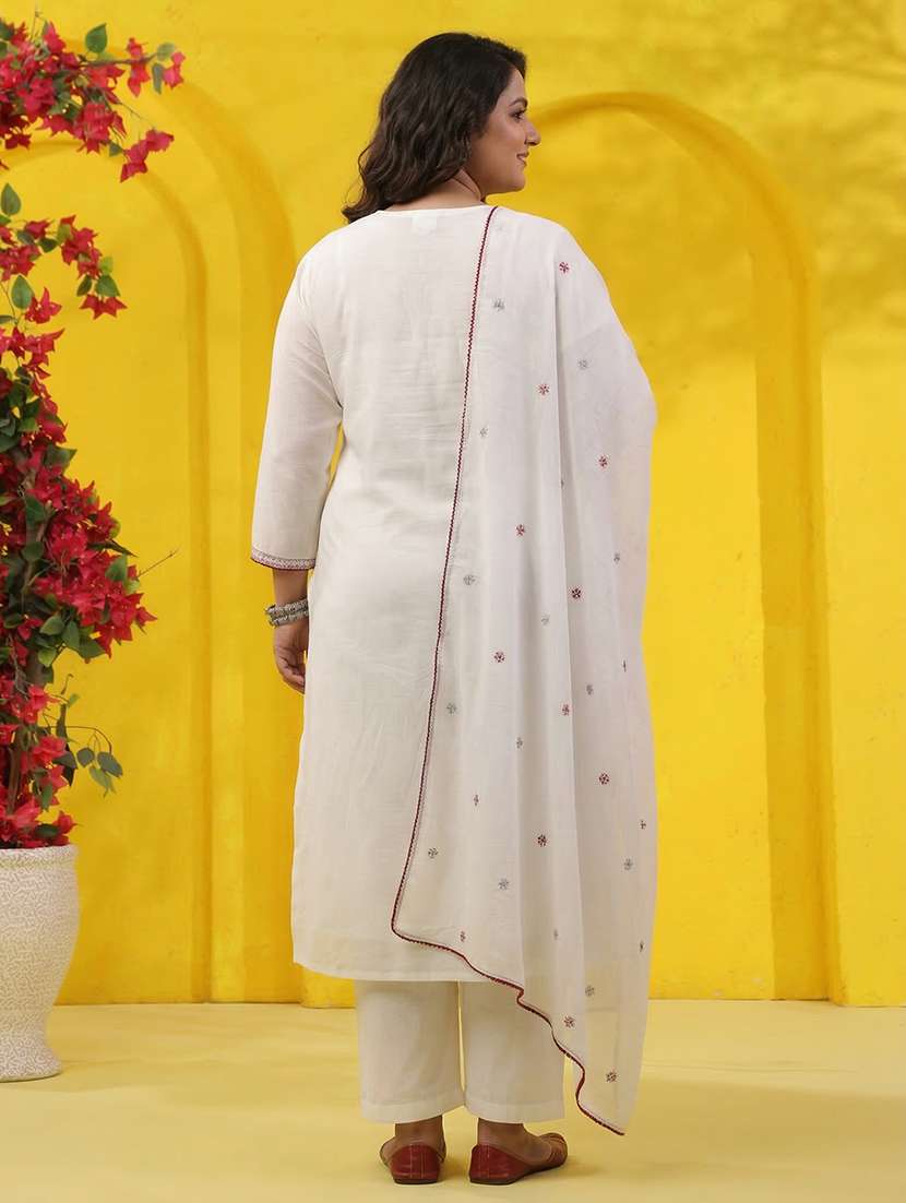 women solid with work three quarter sleeve kurta pant with dupatta set - 22489466 -  Standard Image - 5