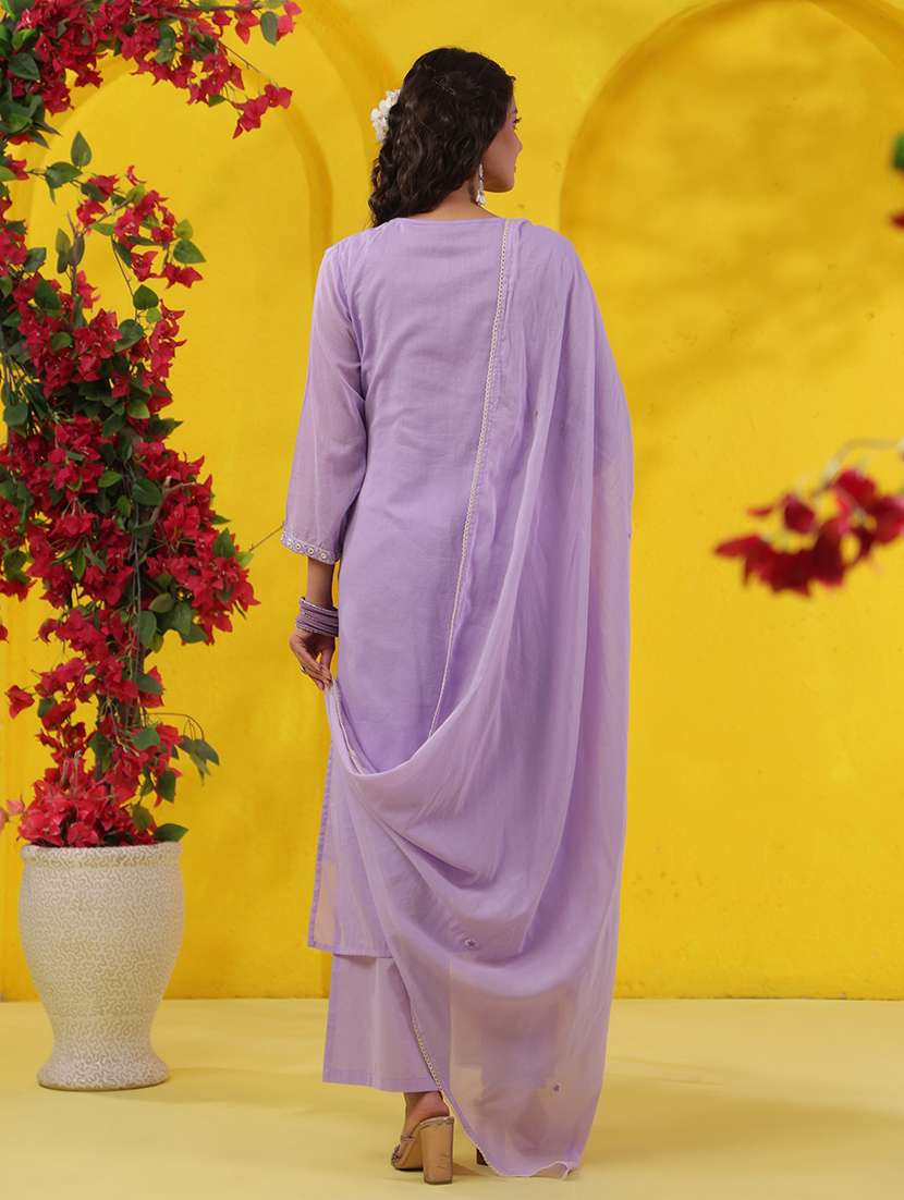 women solid with work three quarter sleeve kurta pant with dupatta set - 22489467 -  Standard Image - 5