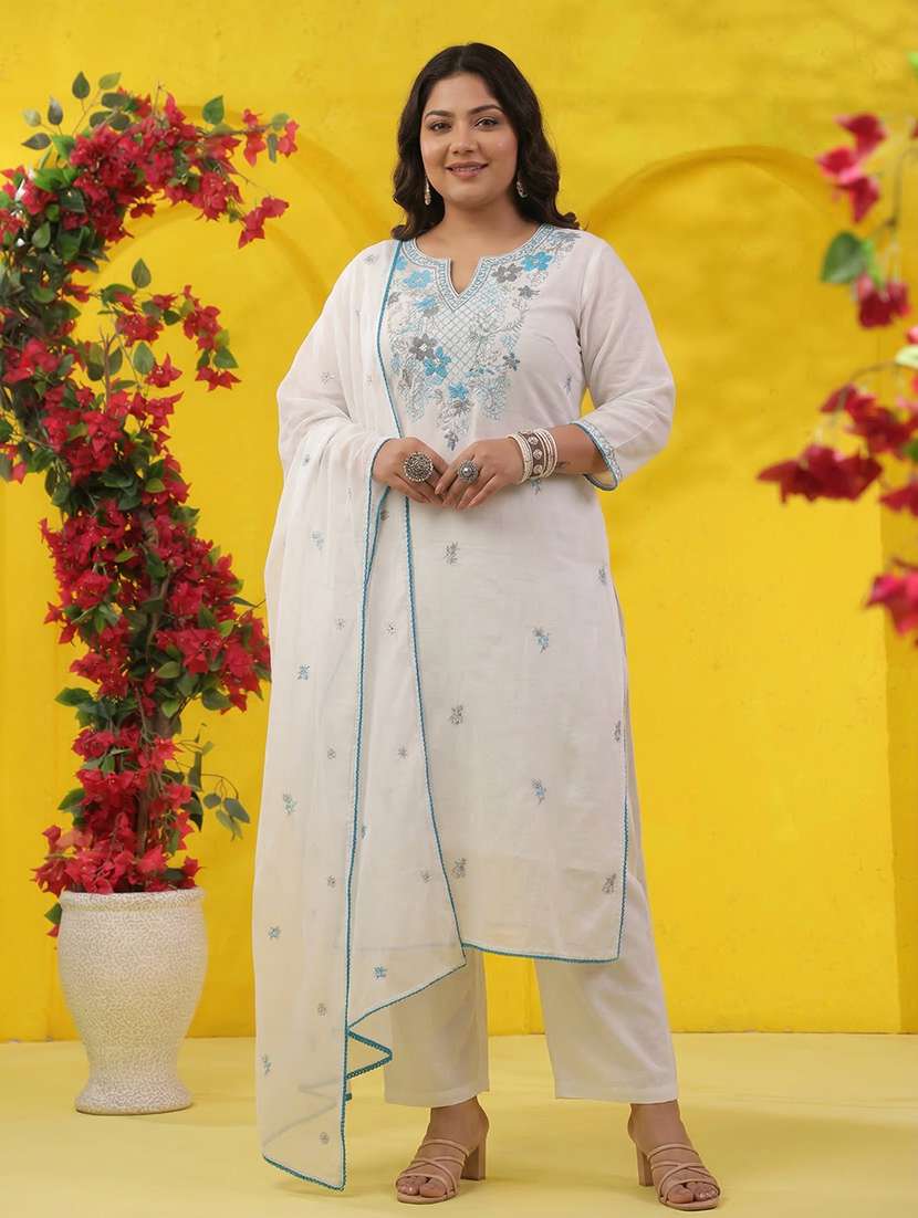 women solid with work three quarter sleeve kurta pant with dupatta set - 22489470 -  Standard Image - 3
