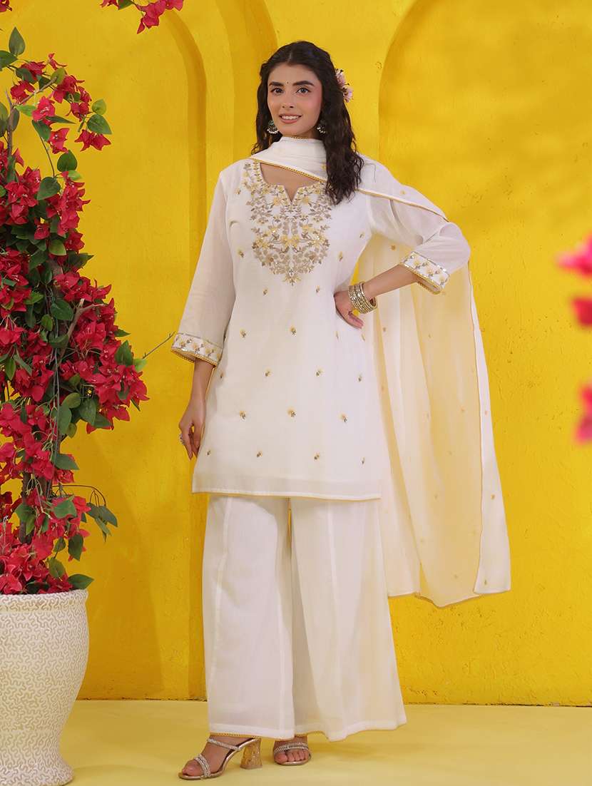 Women Solid With Work Three Quarter Sleeve Kurta Palazzo With Dupatta Set - 22489473 -  Standard Image - 3