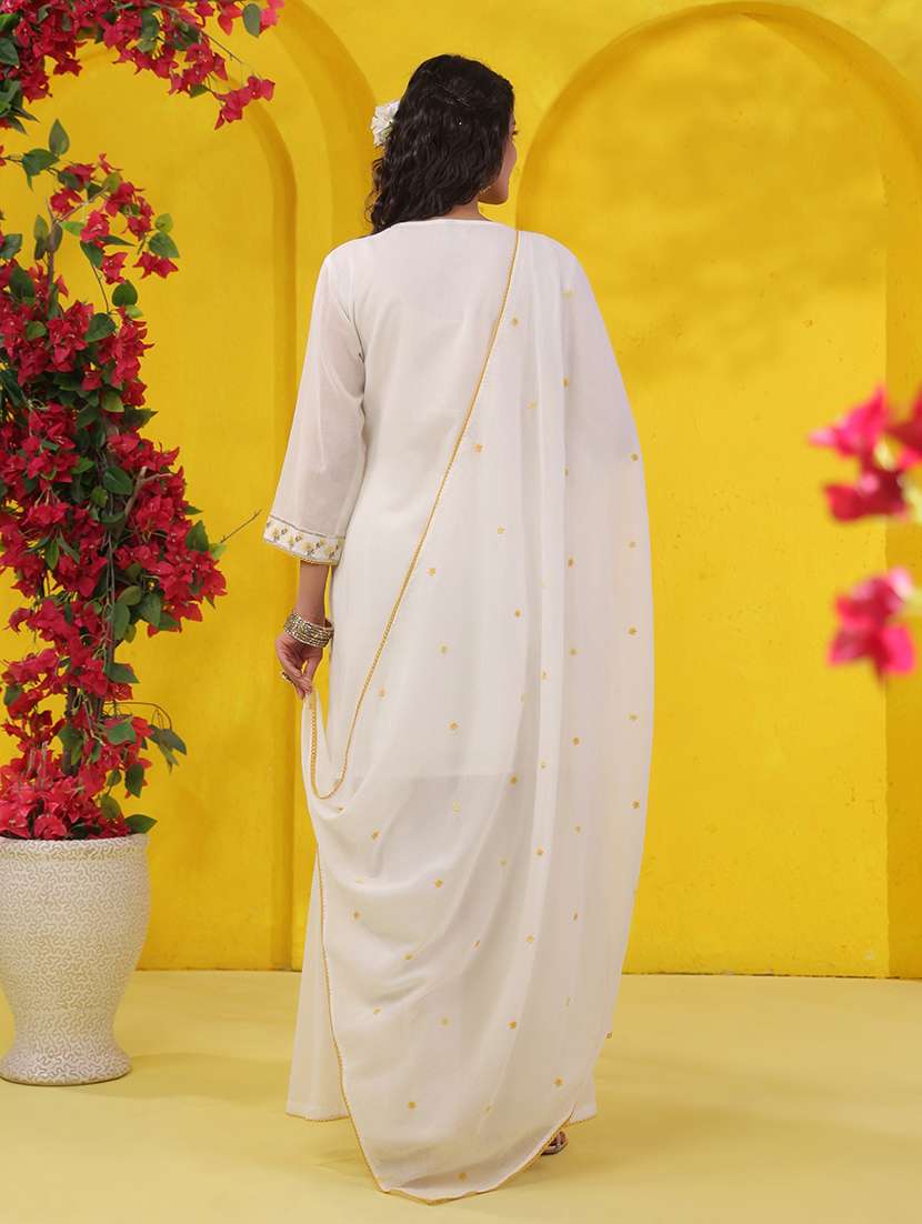 Women Solid With Work Three Quarter Sleeve Kurta Palazzo With Dupatta Set - 22489473 -  Standard Image - 5