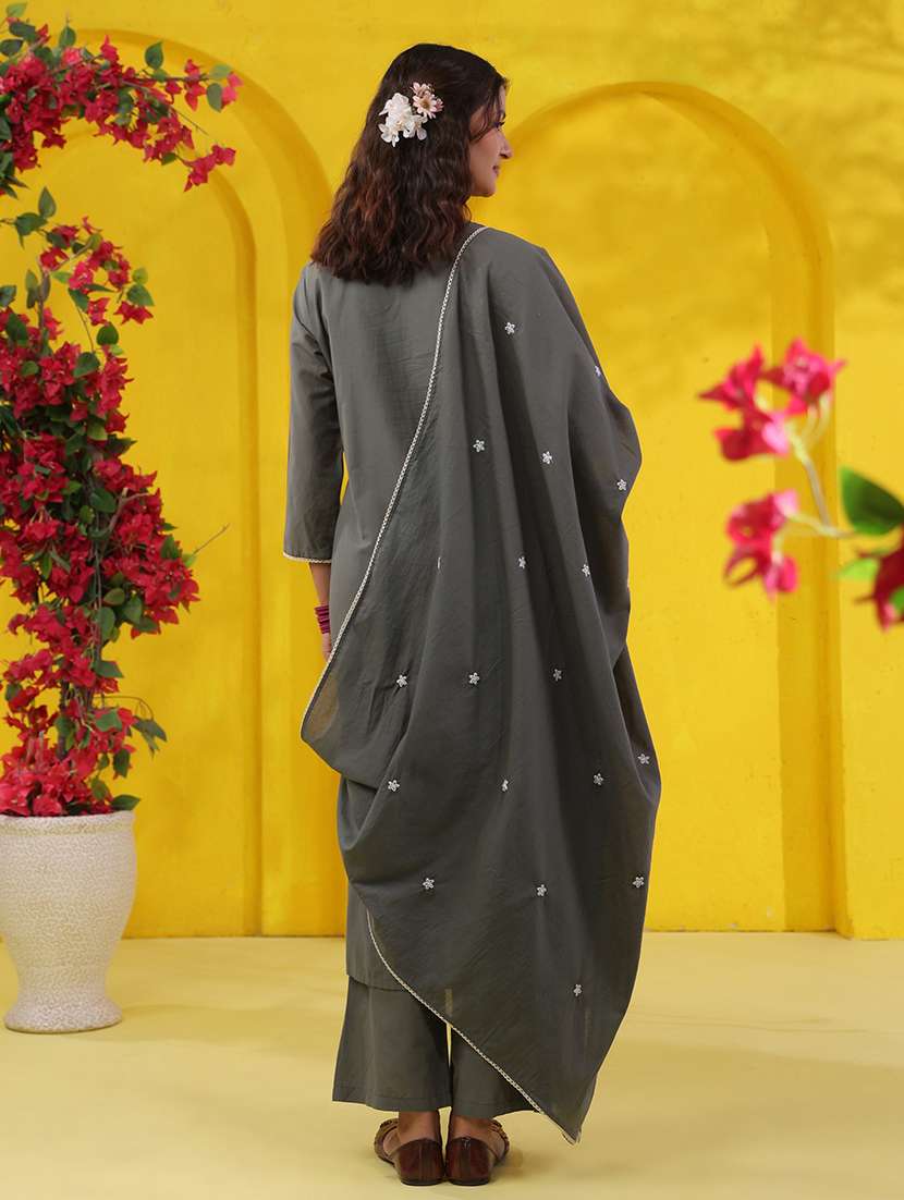 women solid with work three quarter sleeve kurta pant with dupatta set - 22489475 -  Standard Image - 5