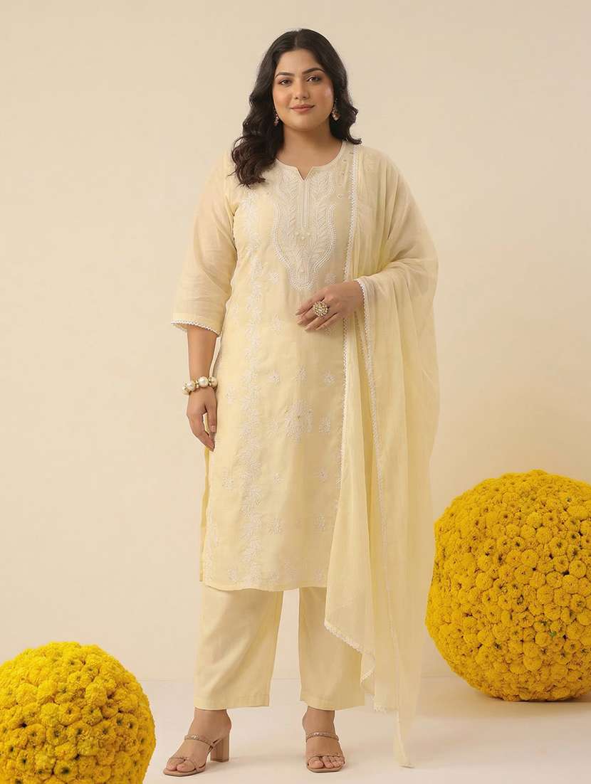 women solid with work three quarter sleeve kurta pant with dupatta set