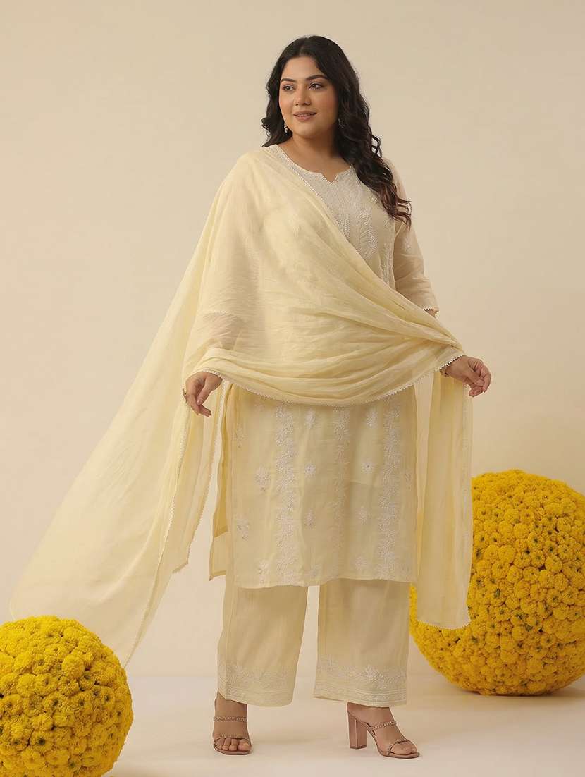 women solid with work three quarter sleeve kurta pant with dupatta set - 22489476 -  Standard Image - 3