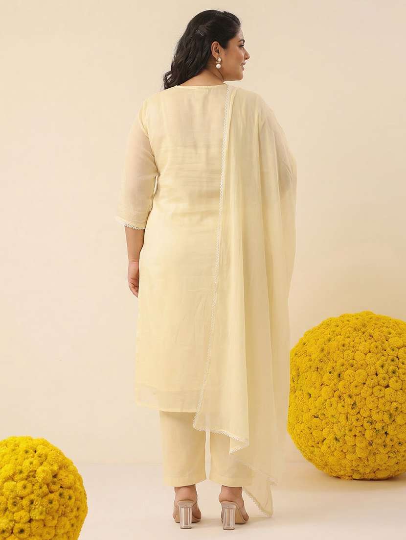 women solid with work three quarter sleeve kurta pant with dupatta set - 22489476 -  Standard Image - 5
